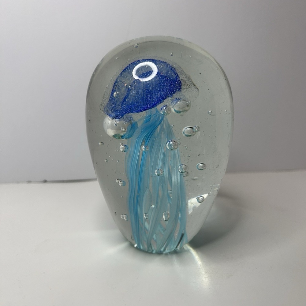 Vintage Large 4 1/4" H Blue Aqua Glass Paperweight Jellyfish Bubbles Flat Base